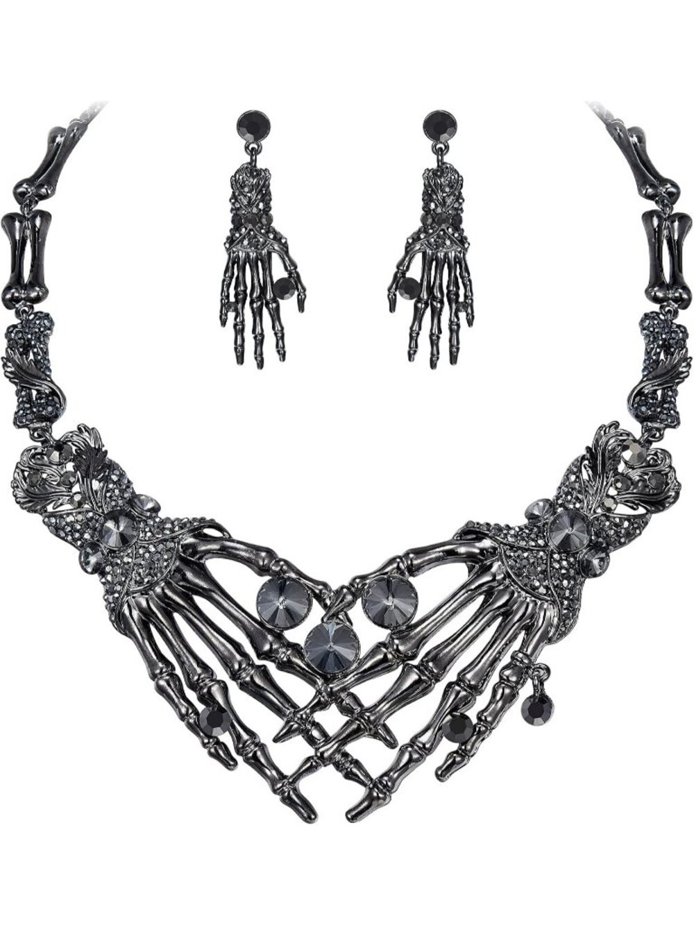 Women's Black Tone Halloween Skeleton Hand Skull Necklace Austrian Crystal Set